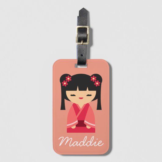 Rote Kokeshi Japanische Puppen Gepäckanhänger (Vorderseite Vertikal)