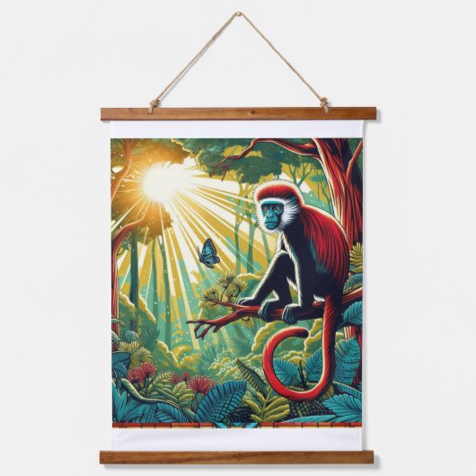 ROTE KOLOBUS-MONKEY-TAPESTRIE WANDTEPPICH MIT HOLZRAHMEN (Vorderseite)