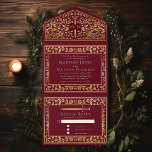 Rote Königliche Hochzeit des Mittelalters All In One Einladung<br><div class="desc">Feiern Sie Ihren besonderen Tag mit diesem königlich-mittelalterlichen Schwert Hochzeitsdesign. Das Design auf der Rückseite des Einladens ist KEINE echte Goldfolie. Sie können dies durch einen Klick auf "PERSONALISIEREN" weiter anpassen.</div>