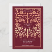 Rote Königliche Mittelalterliche Rose Goldschwert  Einladung (Vorderseite)