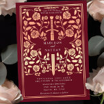 Rote Königliche Mittelalterliche Rose Goldschwert  Einladung<br><div class="desc">Treten Sie ein in die Geschichte von Romantik und Legende! Diese mittelalterlichen Fantasy Hochzeitseinladungen zeigen ein echtes Schwert, das mit goldenen Rose-Blüten in einem reichen roten Hintergrund verwoben ist. Sie sind ideal für Paare, die eine bezaubernde und zeitlose Touch für ihren besonderen Tag suchen. Beachten Sie, dass das Rose-Gold auf...</div>