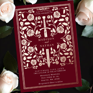 Rote königliche mittelalterliche Rosen-Gold-Schwer Folieneinladung