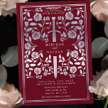 Rote Königliche Mittelalterliche Silberschwerthoch Einladung<br><div class="desc">Treten Sie ein in die Geschichte von Romantik und Legende! Diese mittelalterlichen Fantasy Hochzeitseinladungen zeigen ein echtes Schwert, das mit silbernen Blumen in einer reichen roten Kulisse verstrickt ist. Sie sind ideal für Paare, die eine bezaubernde und zeitlose Touch für ihren besonderen Tag suchen. Beachten Sie, dass das Silber auf...</div>