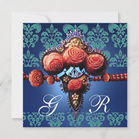 ROTE KORALE ROSE, AQUA BLAU GOLD DAMASK MONOGRAMM EINLADUNG (Vorderseite)