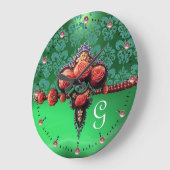 ROTE KORALE ROSE, AQUA BLAU GRÜNES DAMASK-MONOGRAM GROßE WANDUHR (Winkel)