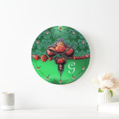 ROTE KORALE ROSE, AQUA BLAU GRÜNES DAMASK-MONOGRAM GROßE WANDUHR (Zuhause)