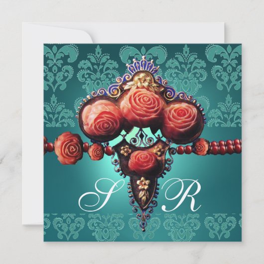 ROTE KORALE ROSE, AQUA BLUE BLACK DAMASK MONOGRAMM EINLADUNG (Vorderseite)