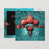 ROTE KORALE ROSE, AQUA BLUE BLACK DAMASK MONOGRAMM EINLADUNG (Vorne/Hinten)