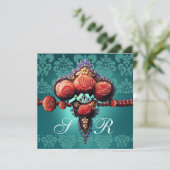 ROTE KORALE ROSE, AQUA BLUE BLACK DAMASK MONOGRAMM EINLADUNG (Stehend Vorderseite)