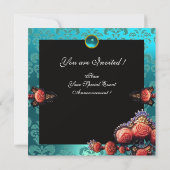 ROTE KORALE ROSE, AQUA BLUE BLACK DAMASK MONOGRAMM EINLADUNG (Rückseite)
