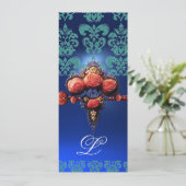 ROTE KORALE ROSE, AQUA BLUE BLACK DAMASK MONOGRAMM EINLADUNG (Stehend Vorderseite)