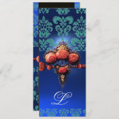 ROTE KORALE ROSE, AQUA BLUE BLACK DAMASK MONOGRAMM EINLADUNG (Vorne/Hinten)