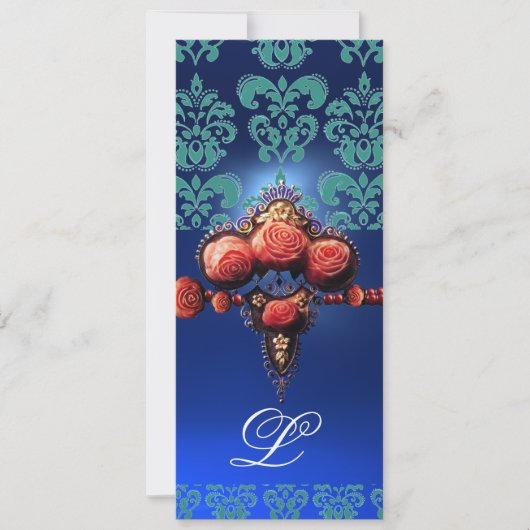 ROTE KORALE ROSE, AQUA BLUE BLACK DAMASK MONOGRAMM EINLADUNG (Vorderseite)