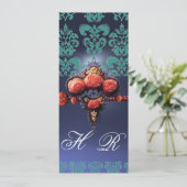 ROTE KORALE ROSE, AQUA BLUE BLACK DAMASK MONOGRAMM EINLADUNG (Stehend Vorderseite)