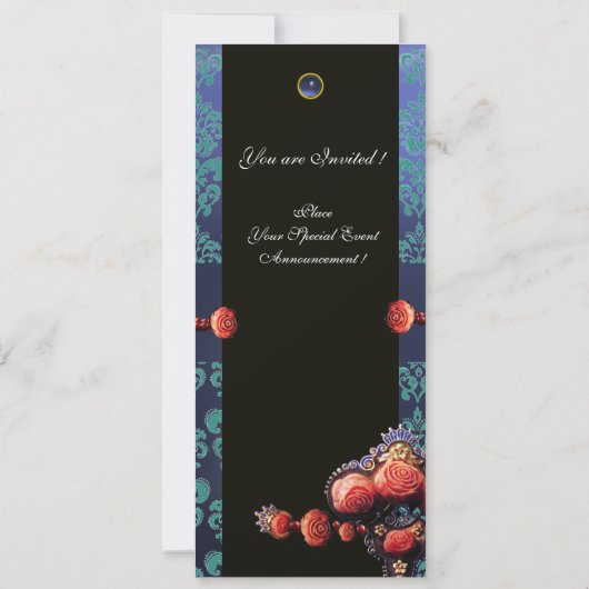 ROTE KORALE ROSE, AQUA BLUE BLACK DAMASK MONOGRAMM EINLADUNG (Rückseite)