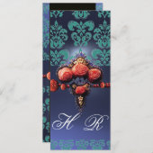 ROTE KORALE ROSE, AQUA BLUE BLACK DAMASK MONOGRAMM EINLADUNG (Vorne/Hinten)