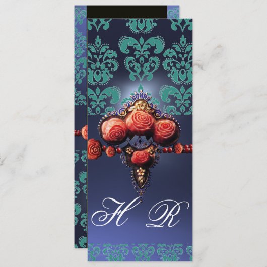 ROTE KORALE ROSE, AQUA BLUE BLACK DAMASK MONOGRAMM EINLADUNG (Vorne/Hinten)