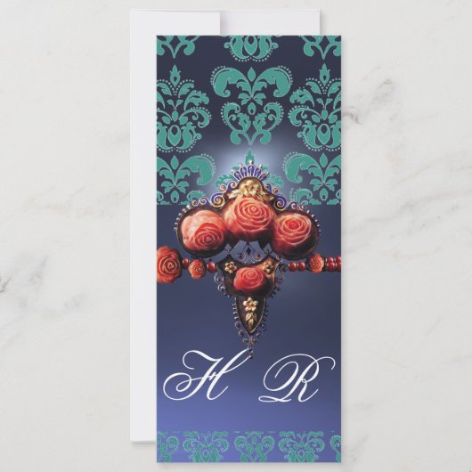 ROTE KORALE ROSE, AQUA BLUE BLACK DAMASK MONOGRAMM EINLADUNG (Vorderseite)