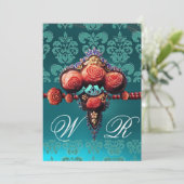 ROTE KORALE ROSE, AQUA BLUE BLACK DAMASK MONOGRAMM EINLADUNG (Stehend Vorderseite)