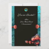 ROTE KORALE ROSE, AQUA BLUE BLACK DAMASK MONOGRAMM EINLADUNG (Rückseite)