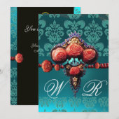 ROTE KORALE ROSE, AQUA BLUE BLACK DAMASK MONOGRAMM EINLADUNG (Vorne/Hinten)