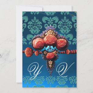 ROTE KORALE ROSE, AQUA BLUE BLACK DAMASK MONOGRAMM EINLADUNG