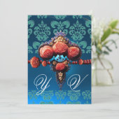 ROTE KORALE ROSE, AQUA BLUE BLACK DAMASK MONOGRAMM EINLADUNG (Stehend Vorderseite)