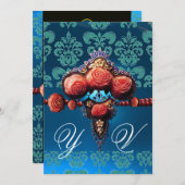 ROTE KORALE ROSE, AQUA BLUE BLACK DAMASK MONOGRAMM EINLADUNG (Vorne/Hinten)