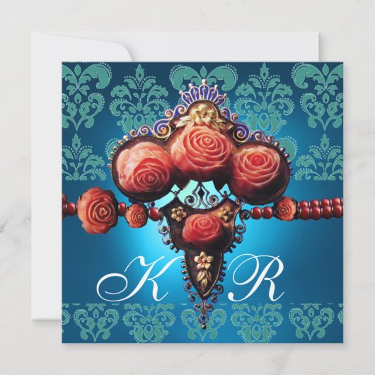 ROTE KORALE ROSE, AQUA BLUE BLACK DAMASK MONOGRAMM EINLADUNG (Vorderseite)