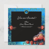 ROTE KORALE ROSE, AQUA BLUE BLACK DAMASK MONOGRAMM EINLADUNG (Rückseite)