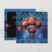 ROTE KORALE ROSE, AQUA BLUE BLACK DAMASK MONOGRAMM EINLADUNG (Vorne/Hinten)
