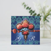 ROTE KORALE ROSE, AQUA BLUE BLACK DAMASK MONOGRAMM EINLADUNG (Stehend Vorderseite)