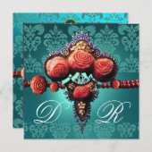 ROTE KORALE ROSE, AQUA BLUE BLACK DAMASK MONOGRAMM EINLADUNG (Vorne/Hinten)