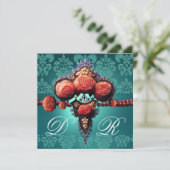 ROTE KORALE ROSE, AQUA BLUE BLACK DAMASK MONOGRAMM EINLADUNG (Stehend Vorderseite)