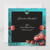 ROTE KORALE ROSE, AQUA BLUE BLACK DAMASK MONOGRAMM EINLADUNG (Rückseite)
