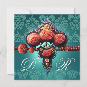 ROTE KORALE ROSE, AQUA BLUE BLACK DAMASK MONOGRAMM EINLADUNG