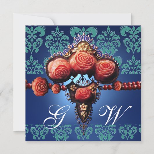 ROTE KORALE ROSE, AQUA BLUE BLACK DAMASK MONOGRAMM EINLADUNG (Vorderseite)