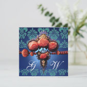 ROTE KORALE ROSE, AQUA BLUE BLACK DAMASK MONOGRAMM EINLADUNG (Stehend Vorderseite)