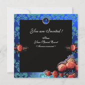 ROTE KORALE ROSE, AQUA BLUE BLACK DAMASK MONOGRAMM EINLADUNG (Rückseite)