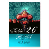 ROTE KORALE ROSE, AQUA BLUE BLACK DAMASK MONOGRAMM TISCHNUMMER (Rückseite)