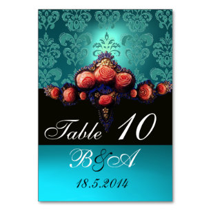 ROTE KORALE ROSE, AQUA BLUE BLACK DAMASK MONOGRAMM TISCHNUMMER