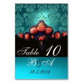 ROTE KORALE ROSE, AQUA BLUE BLACK DAMASK MONOGRAMM TISCHNUMMER (Rückseite)