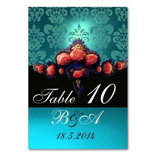 ROTE KORALE ROSE, AQUA BLUE BLACK DAMASK MONOGRAMM TISCHNUMMER (Vorderseite)
