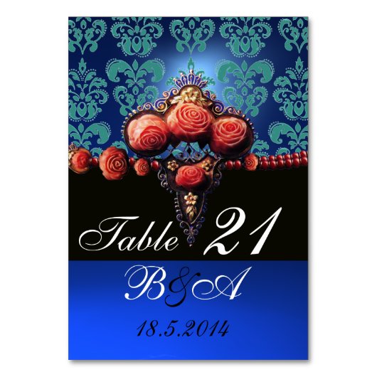 ROTE KORALE ROSE, AQUA BLUE BLACK DAMASK MONOGRAMM TISCHNUMMER (Rückseite)