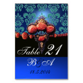 ROTE KORALE ROSE, AQUA BLUE BLACK DAMASK MONOGRAMM TISCHNUMMER (Vorderseite)