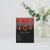 ROTE KORALE ROSE, AQUA BLUE BLACK DAMASK MONOGRAMM VISITENKARTE (Stehend Vorderseite)