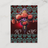 ROTE KORALE ROSE, AQUA BLUE BLACK DAMASK MONOGRAMM VISITENKARTE (Rückseite)