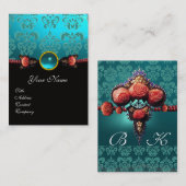 ROTE KORALE ROSE, AQUA BLUE BLACK DAMASK MONOGRAMM VISITENKARTE (Vorne/Hinten)