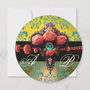 ROTE KORALE ROSE, AQUA BLUE YELLOW DAMASK MONOGRAM EINLADUNG
