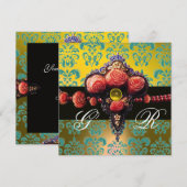 ROTE KORALE ROSE, AQUA BLUE YELLOW DAMASK MONOGRAM EINLADUNG (Vorne/Hinten)